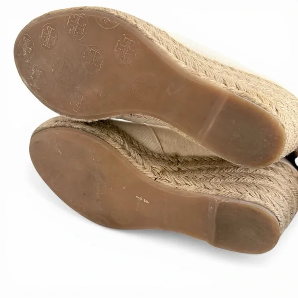 TORY BURCH Filipa Espadrille Wedges Cream Canvas Logo Summer Shoes size 7 - Picture 7 of 13